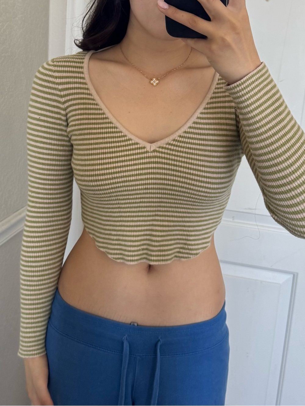 Striped Olive & Cream Ribbed V-Neck Long Sleeve Crop Top
